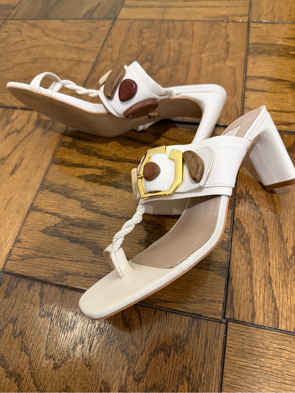 LOUISE et CIE LoLattia Cream Open Toe Strap Leather Slide Heel Sandals, Size 8.5